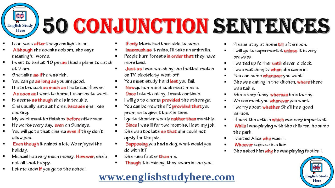 50 Conjunction Sentences in English - English Study Here