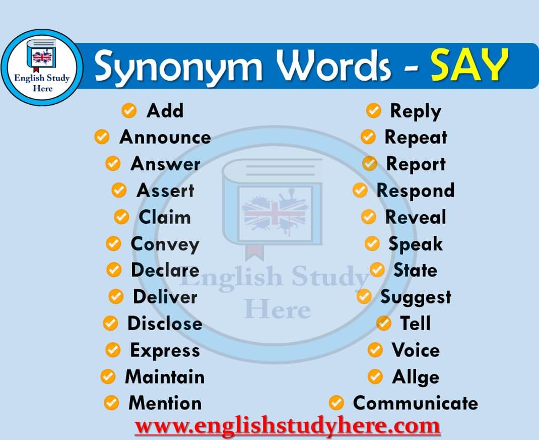 Ord Ikke moderigtigt montering Say Synonyms Words - English Study Here