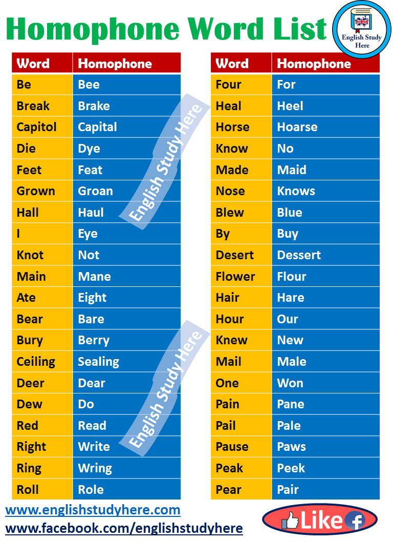 Homophone Word List In English English Study Here