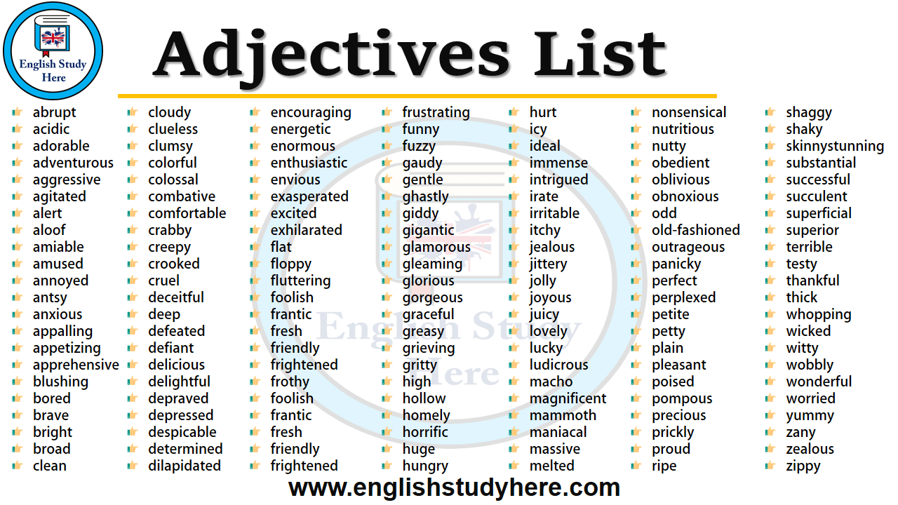 adjectives english vocabulary grammar englishstudyhere study words common describe strong describing personality worksheet important language esl printable phrases