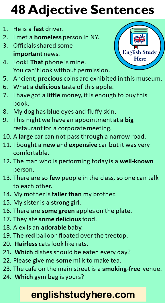 48 Adjective Sentences Example Sentences With Adjectives English Study Here
