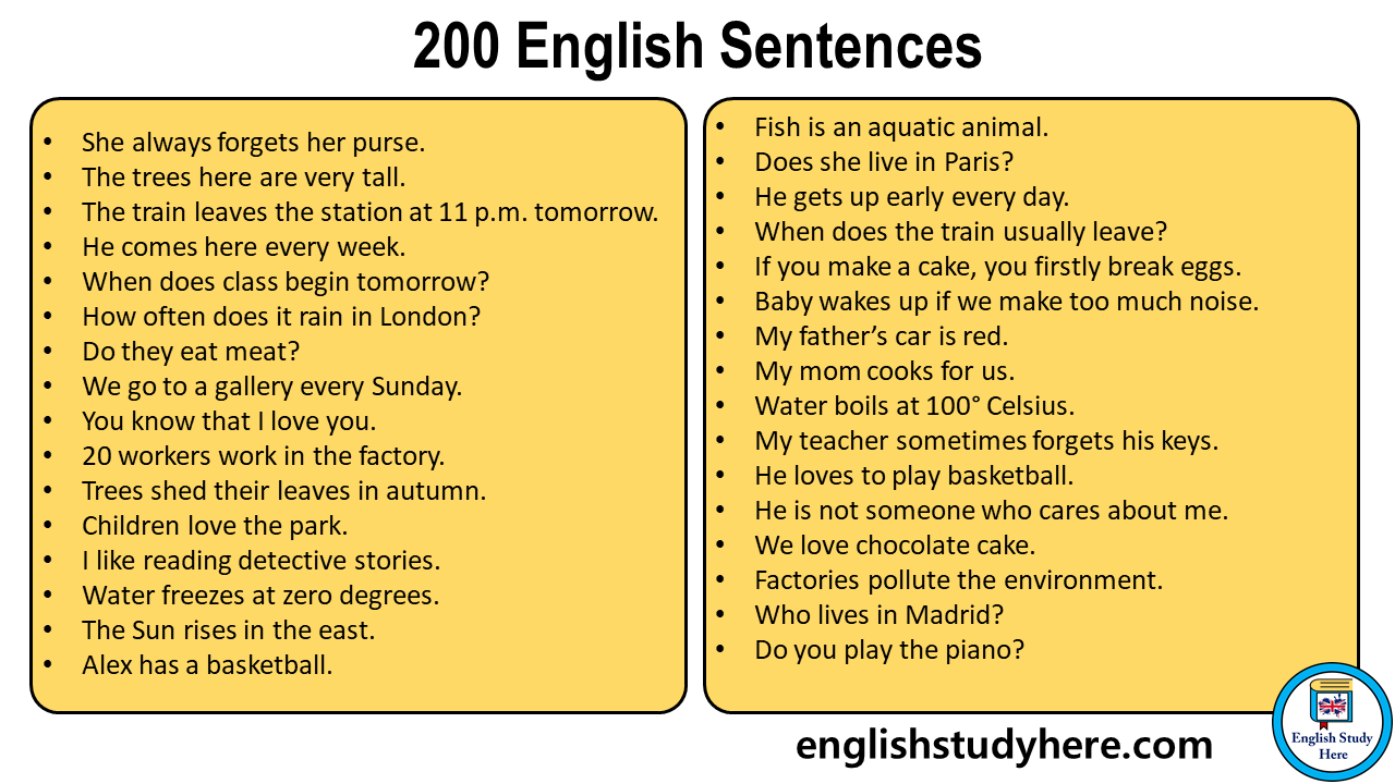 200 English Sentences, Common Sentences Examples - English Study Here