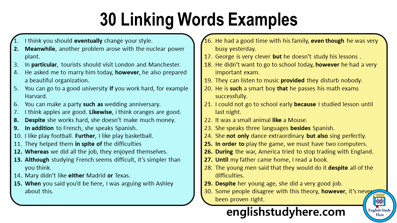 30 Linking Words Examples, Linking Words Sentences - English Study Here