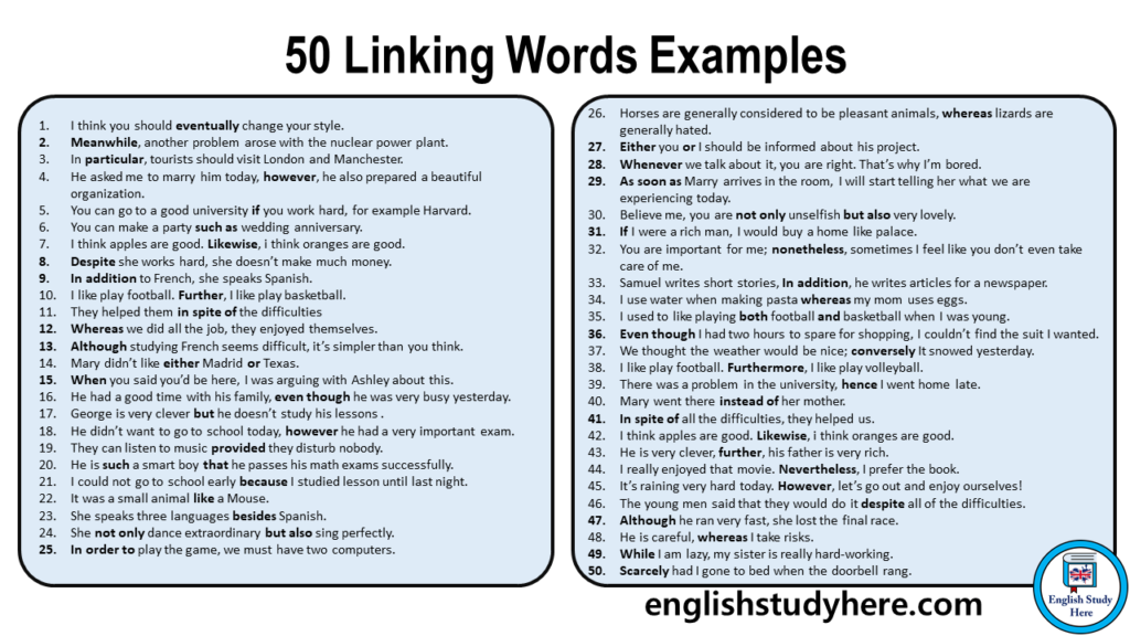 50 Linking Words Examples, Linking Words Sentences English Study Here